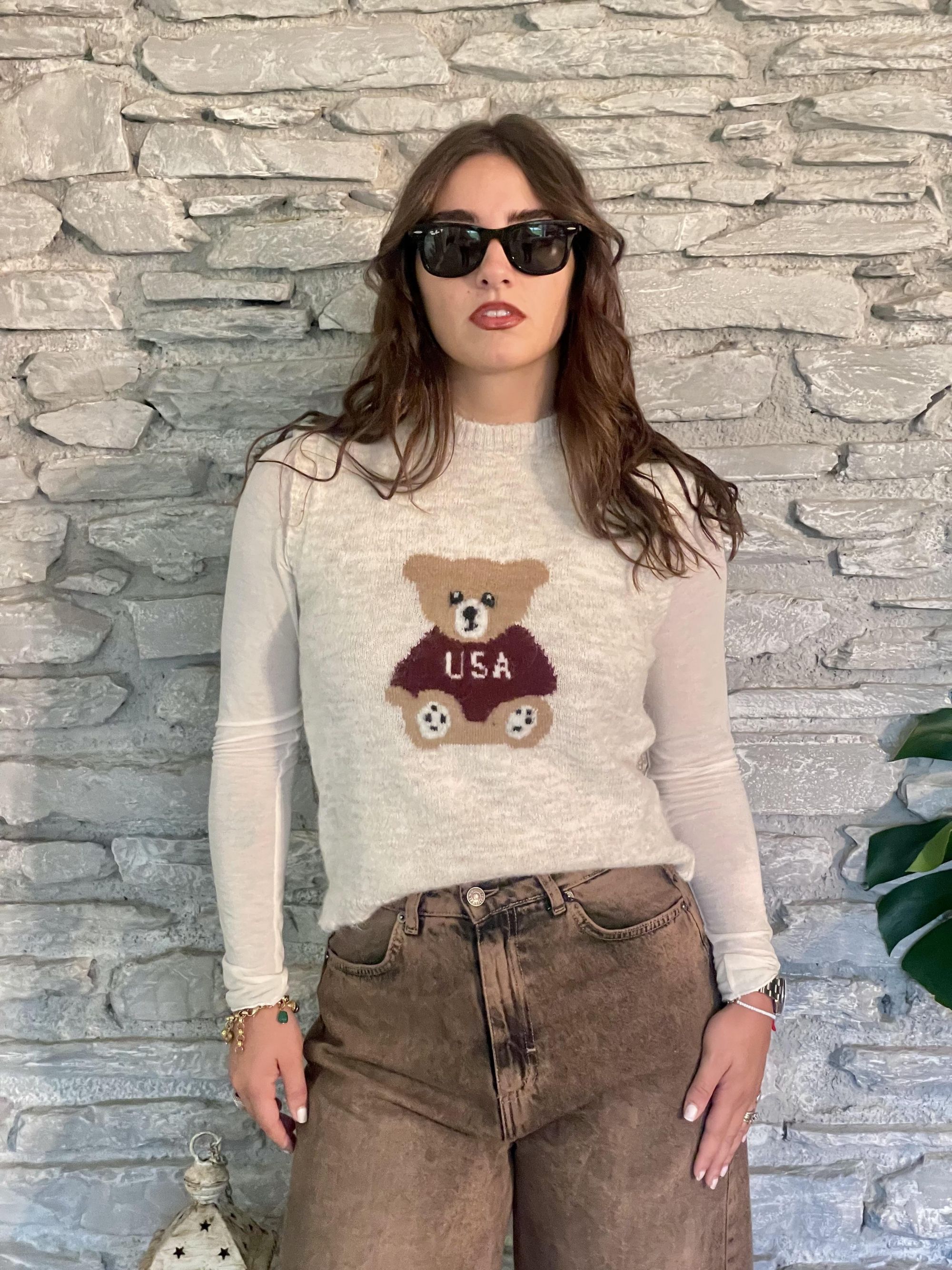 SUSY MIX - GILET BEIGE CON STAMPA ORSETTO ART. 25679