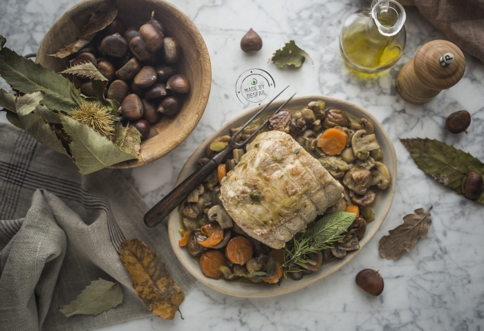 Arrosto di maiale con funghi e castagne
