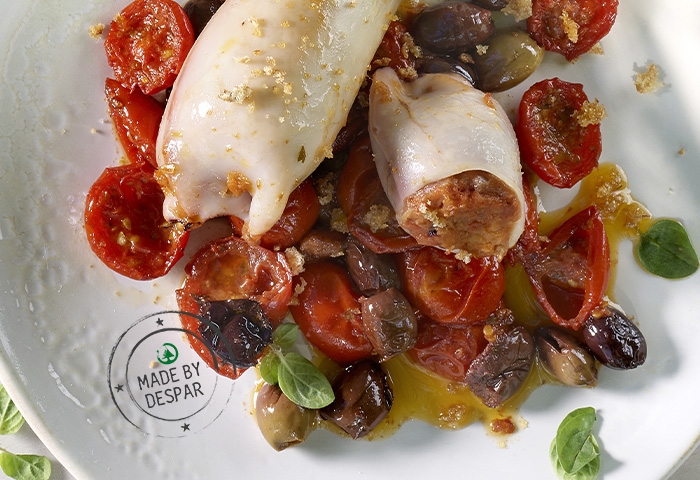 Calamaro farcito con pappa al pomodoro, basilico e olive