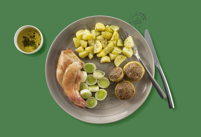 Coniglio al porro, patate e carciofi agli aromi