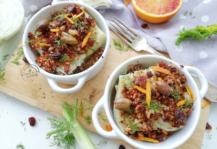 Finocchi gratinati con olive, acciughe e arancia