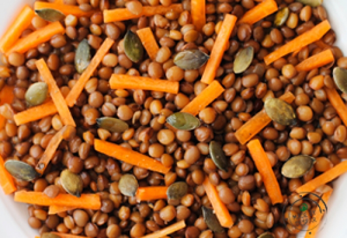 Lenticchie con carota, semi di zucca all’arancia