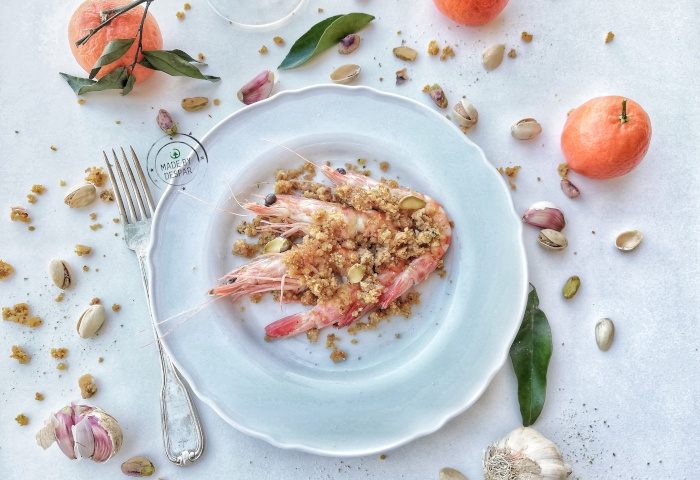 Mazzancolle gratinate al mandarino e pistacchi