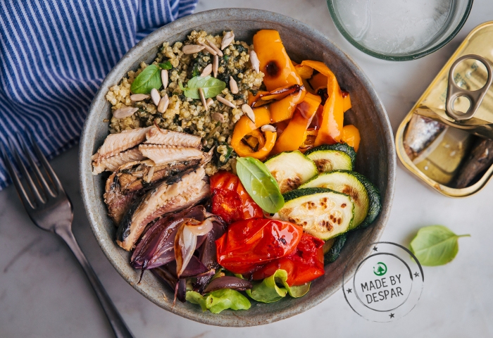 Miglio al pesto con verdure grigliate e sardine