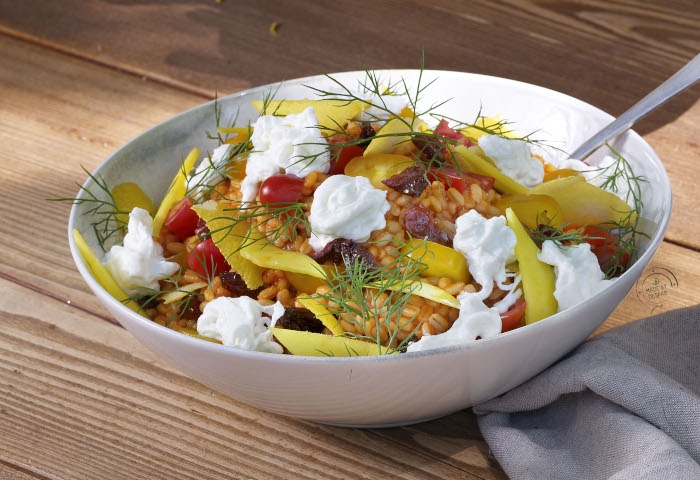 Orzotto con crema di peperoni rossi, burrata e limone