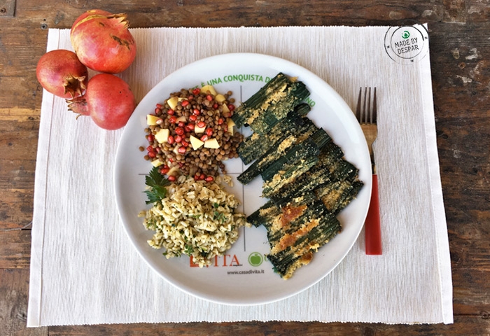 Piatto unico: cardi gratinati, lenticchie con melagrana, riso integrale