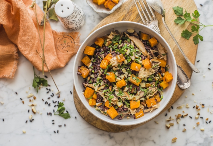 Riso Venere con zucca, sgombro e mandorle