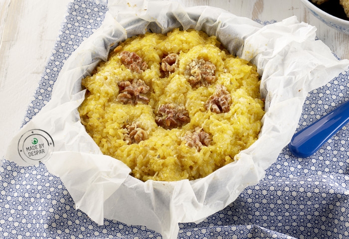 Timballo di riso allo zafferano, porro e noci
