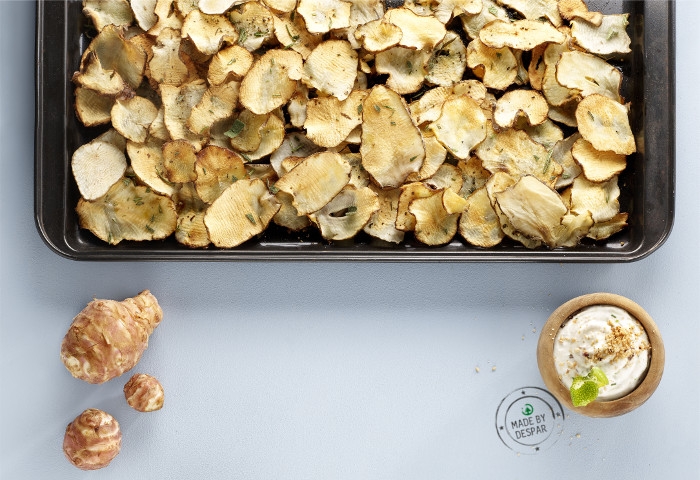 Topinambur al forno con crema all’erba cipollina e lime