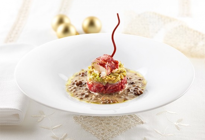 Tortino di astice in guazzetto di lenticchie