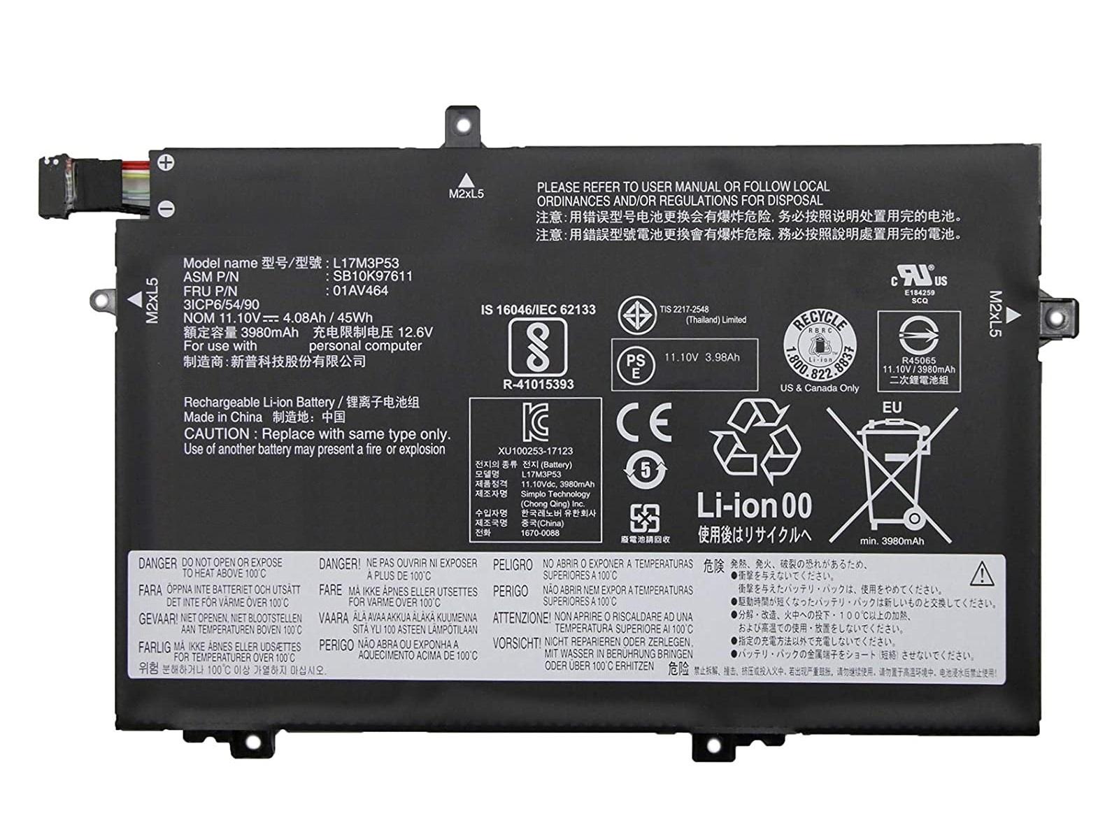 Lenovo ThinkPad L480, L580, 01AV464, L17M3P53 Notebook Bataryası, Laptop Pili