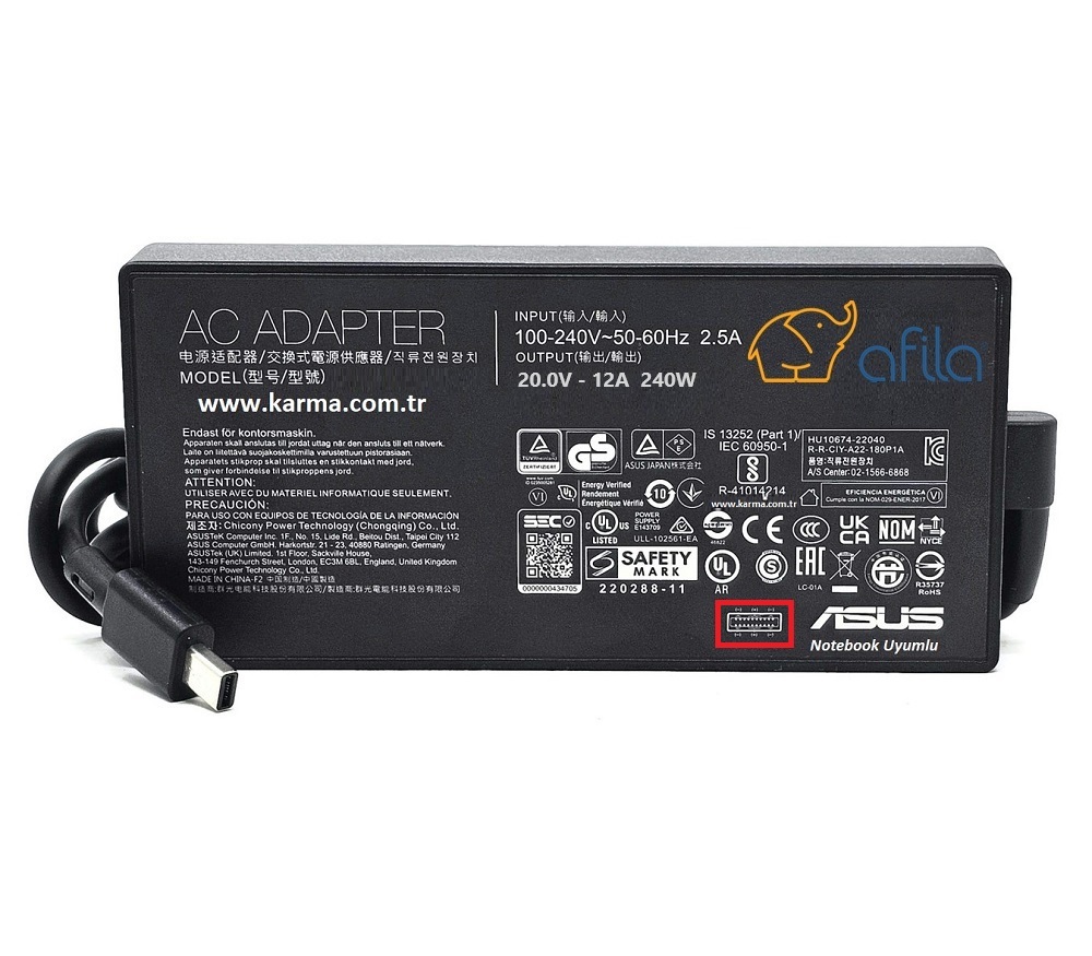 Asus uyumlu 20V 12A 240W Notebook Adaptörü, Şarj Aleti Cihazı USB-C 3P(Compact Plug)