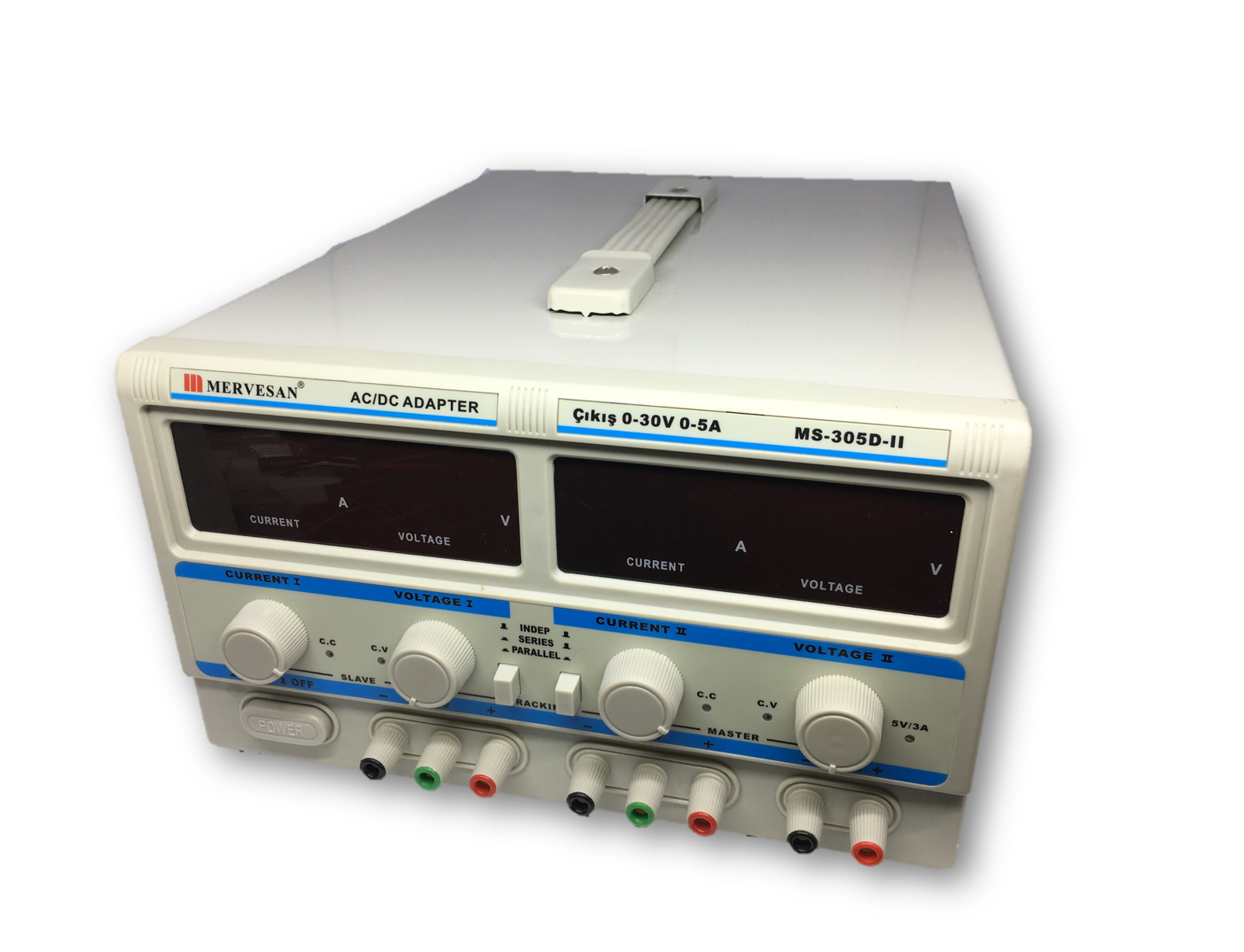Mervesan MT-305 D II 0-60 / 0-30 Volt 5/10 Amper AYARLI Laboratuar ADAPTÖR 3 çıkışlı DC Güç Kaynağı, 0-30V - 10A / 2 Adet 0-5A sabit çıkış