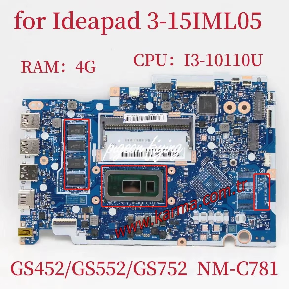 NM-C781 Lenovo ideapad 3-15IML05 (NM-C78) UMA Notebook Anakartı, Mainboard (SRGL0, i3-10110U, 4GB)