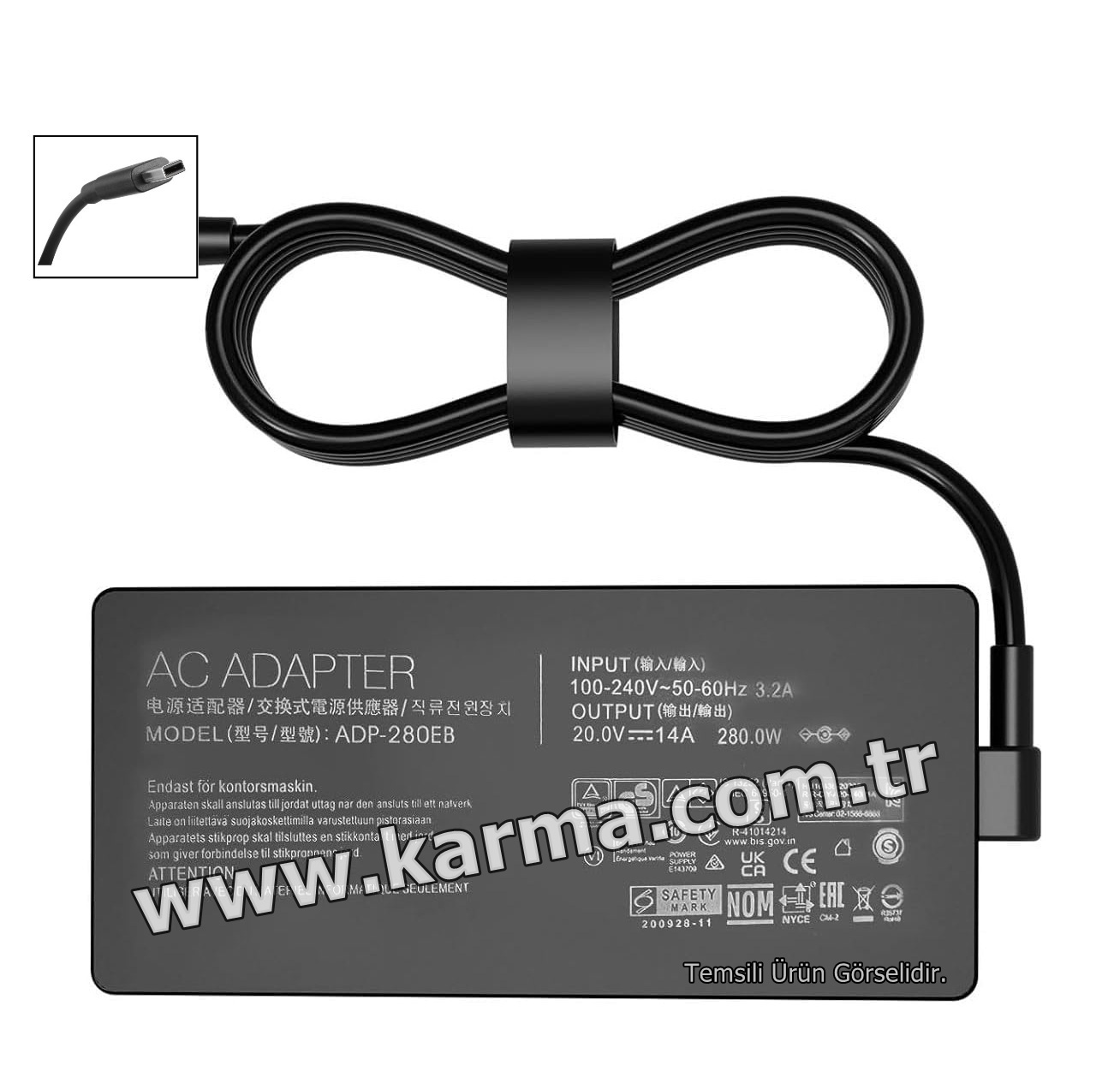 Asus uyumlu 20V 14A 280W Notebook Adaptörü, Şarj Aleti Cihazı USB-C 3P(Compact Plug)