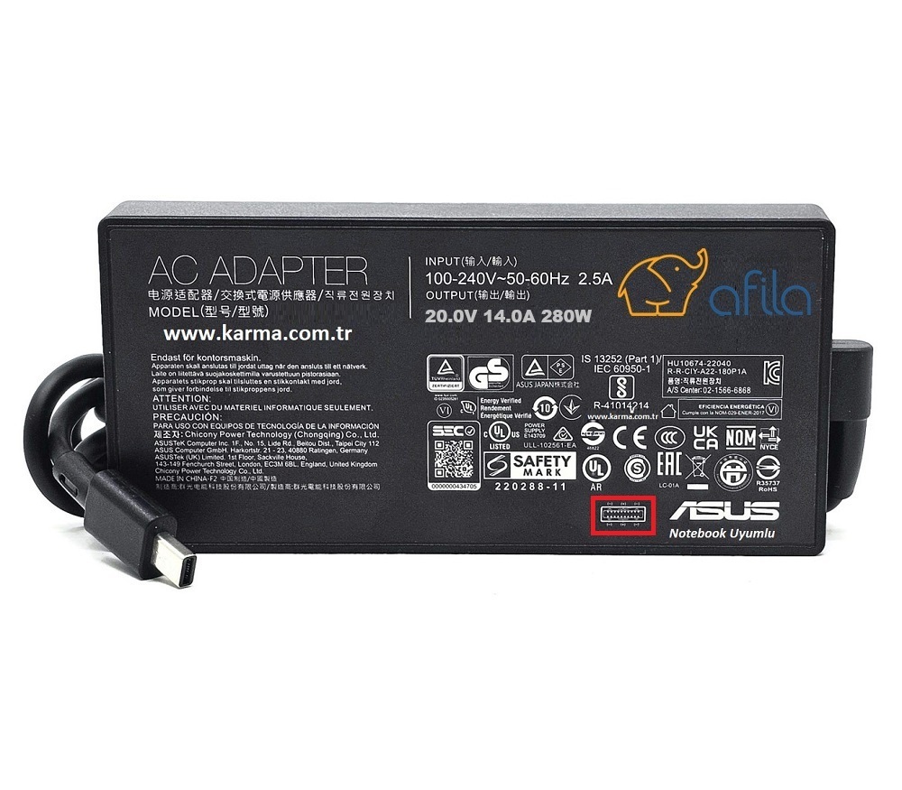 Asus uyumlu 20V 14A 280W Notebook Adaptörü, Şarj Aleti Cihazı USB-C 3P(Compact Plug)