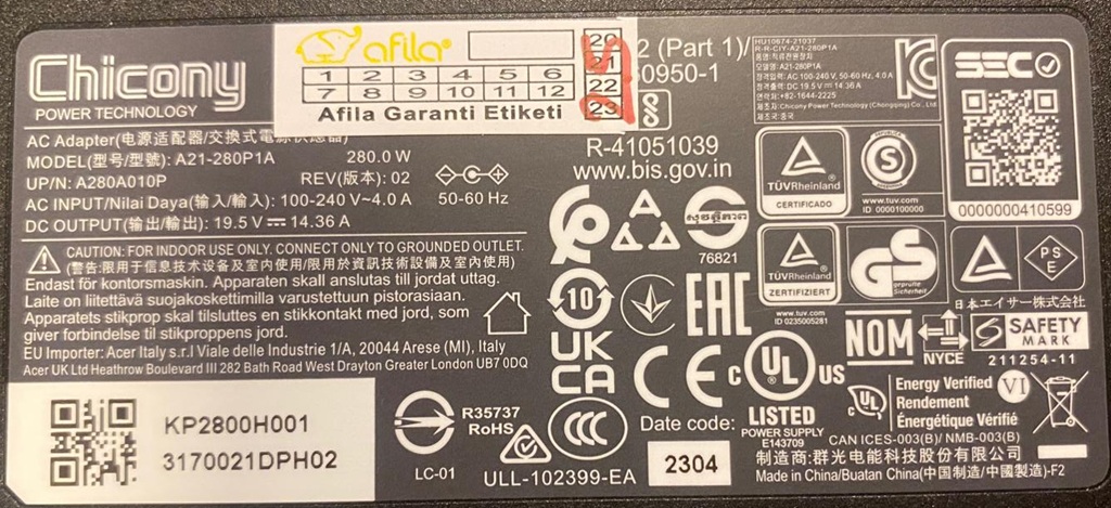 Acer, Chicony 19,5V 14,36A 280W (5.5*1.7mm) Adaptör, Şarj Cihazı A21-280P1A, A280A010P (Orjinal Üretici)