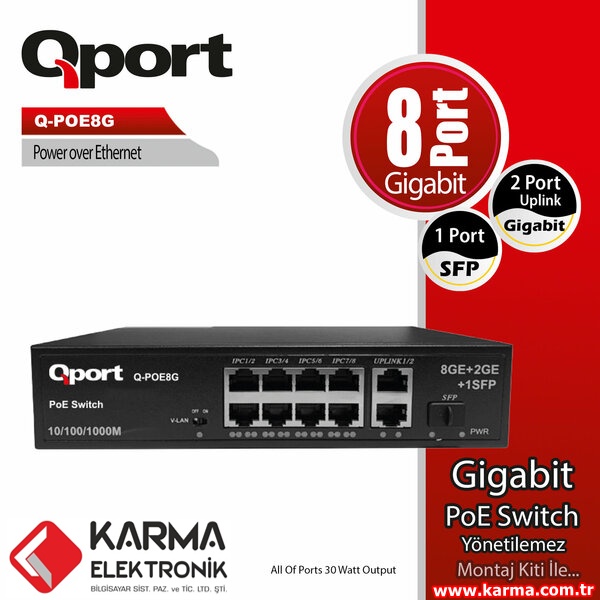 Qport Q-Poe8G 8 Port 10/100/1000 + 2 Port 10/100/1000 Uplink Poe Switch (POE SWITCH)