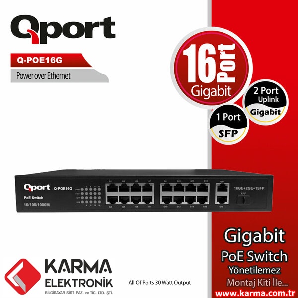 Qport Q-Poe16G 16 Port 10/100/1000 + 2 Port 10/100/1000 Uplink Poe Switch (30cmx18cmx44mm)