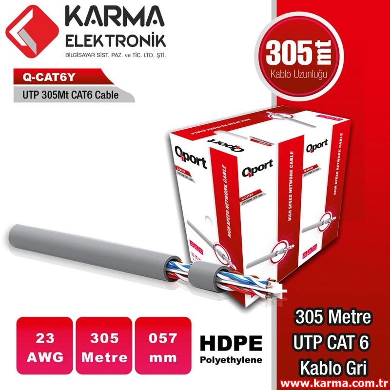 Qport Q-CAT6Y 305M UTP 23AWG 0,57MM GRİ NETWORK AĞ KABLOSU (305 Metre)