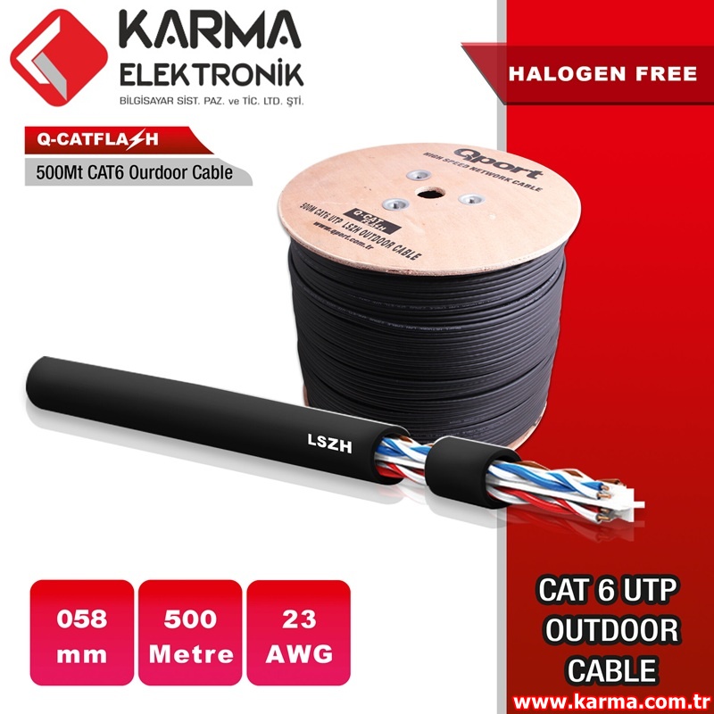 Qport Q-CATFLASH 23AWG 0,58mm Kesit 500M LSZH SİYAH CAT6 OUTDOOR KABLO (500 Metre)