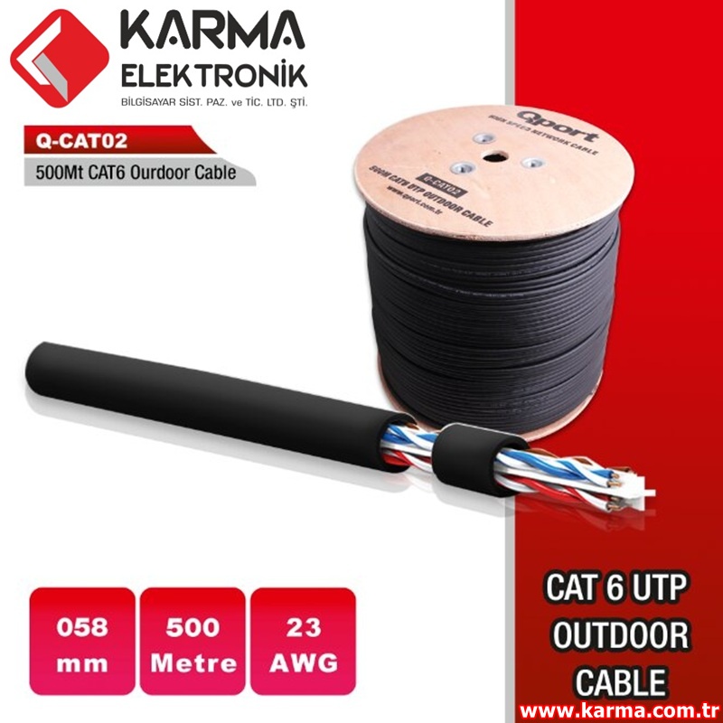 Qport Q-CATO2 23AWG 0,58mm Kesit 500M SİYAH CAT6 OUTDOOR KABLO (500 Metre)