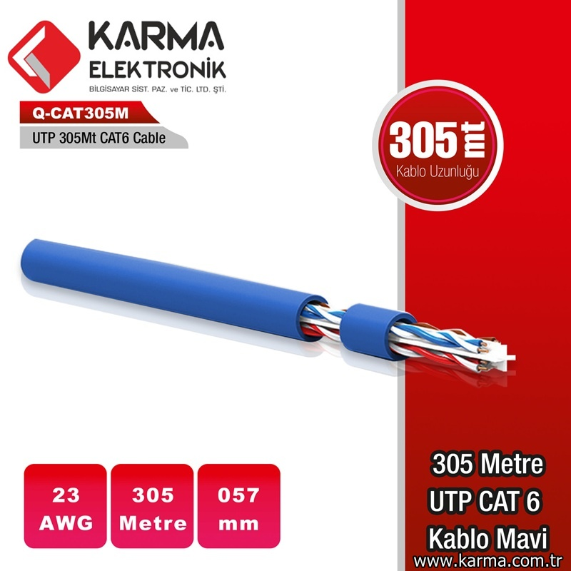 QPORT QPORT Q-CAT6M 305 METRE UTP 23AWG 0,57MM MAVİ NETWORK AĞ KABLOSU (305mt)