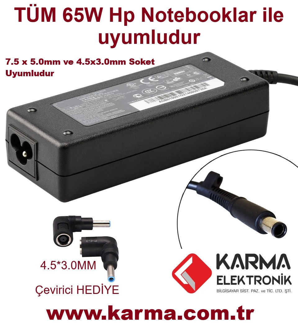 Hp / Compaq 18.5V 3.5A 65W (7.4*5.0mm / 4.5*3.0mm) Notebook Adaptörü Universal (Çeviricili)