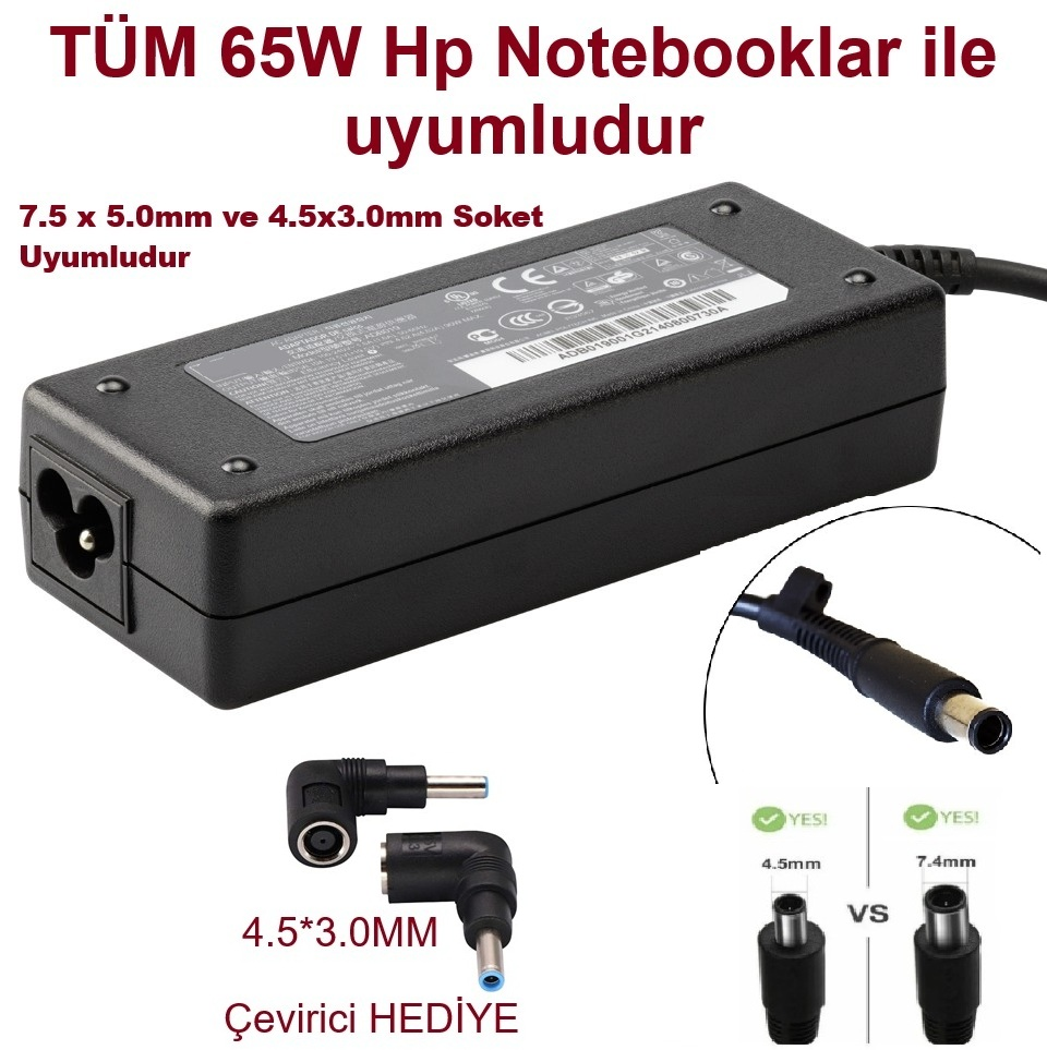 Hp / Compaq 18.5V 3.5A 65W (7.4*5.0mm / 4.5*3.0mm) Notebook Adaptörü Universal (Çeviricili)