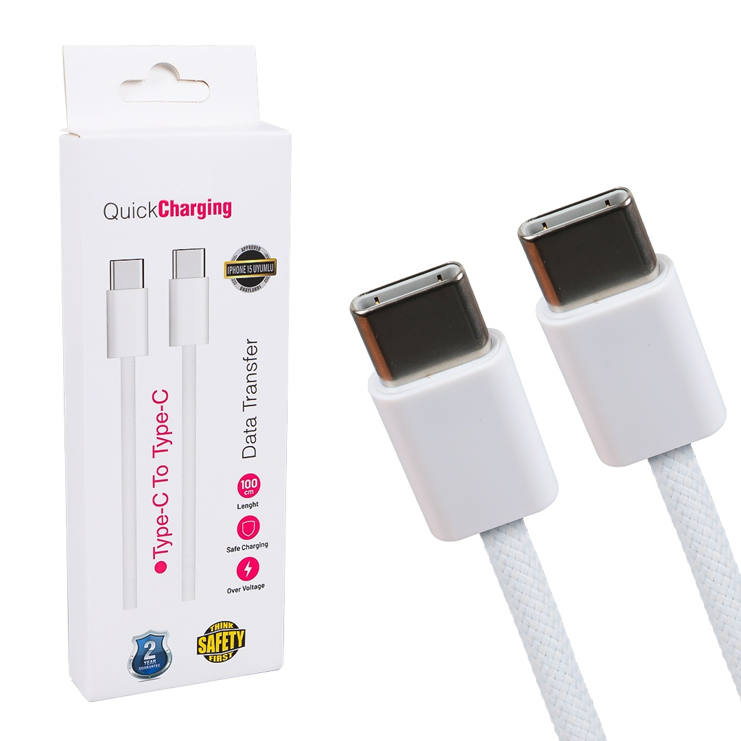 TYPE-C to TYPE-C Şarj Kablosu - İphone 15 Şarj Kablosu (USB-C to USB-C) - Beyaz
