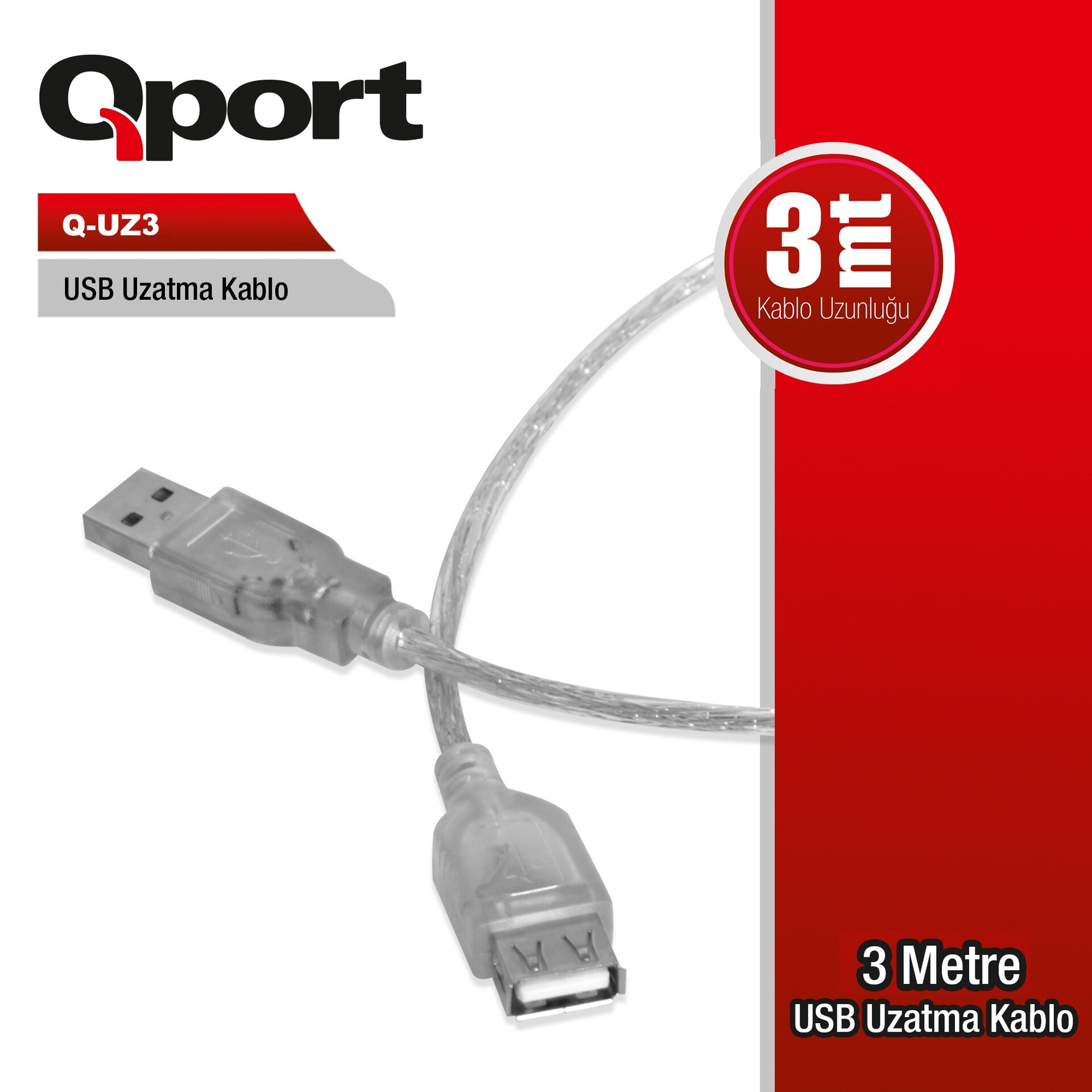 QPORT Q-UZ3 USB 2.0V 3 METRE USB UZATMA KABLOSU (3mt)