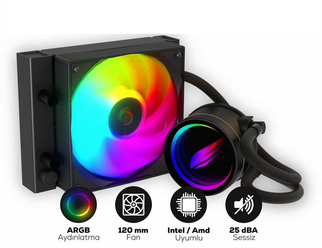 120mm ARGB AMD ve iNTEL Uyumlu Siyah Sıvı Soğutuculu işlemci Fanı (AMD: AM3, AM4, AM5, FM1, FM2 / Intel: LGA115X, LGA1700, LGA2011, LGA2066)