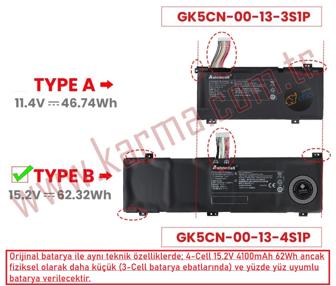 Monster Abra A7 V11, Tulpar T5 V17 GK5CN Notebook Bataryası, Laptop Pili - 4Cell - 4100mAH / RTF-005