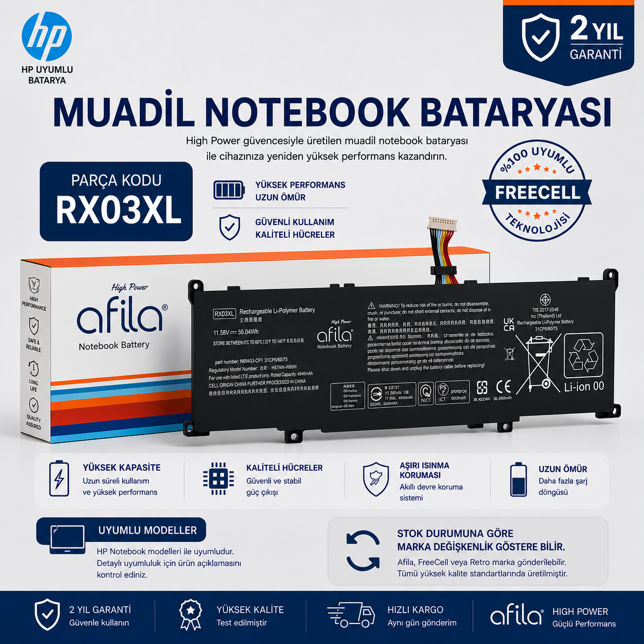 Hp EliteBook RX03XL RX03048XL HSTNN-WB0H 996QA254H TPN-IB1C Notebook Bataryası, Laptop Pili / RHL-215
