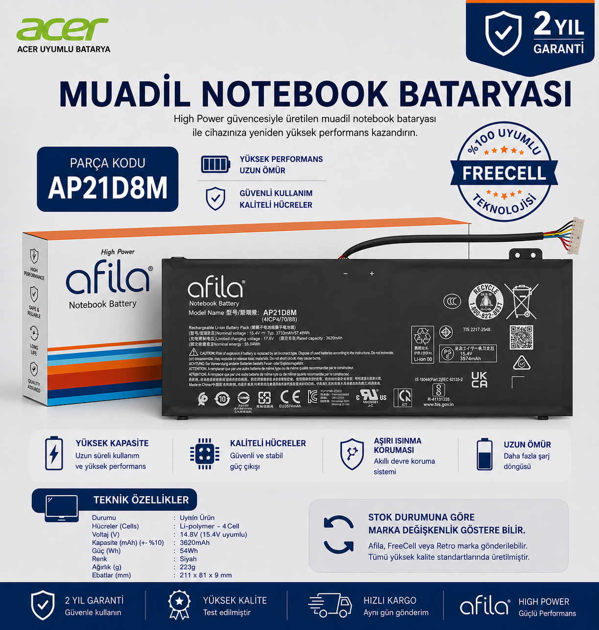 Acer AP18E7M, AP21D8M Notebook Bataryası, Laptop Pili - V2 / RACL-002