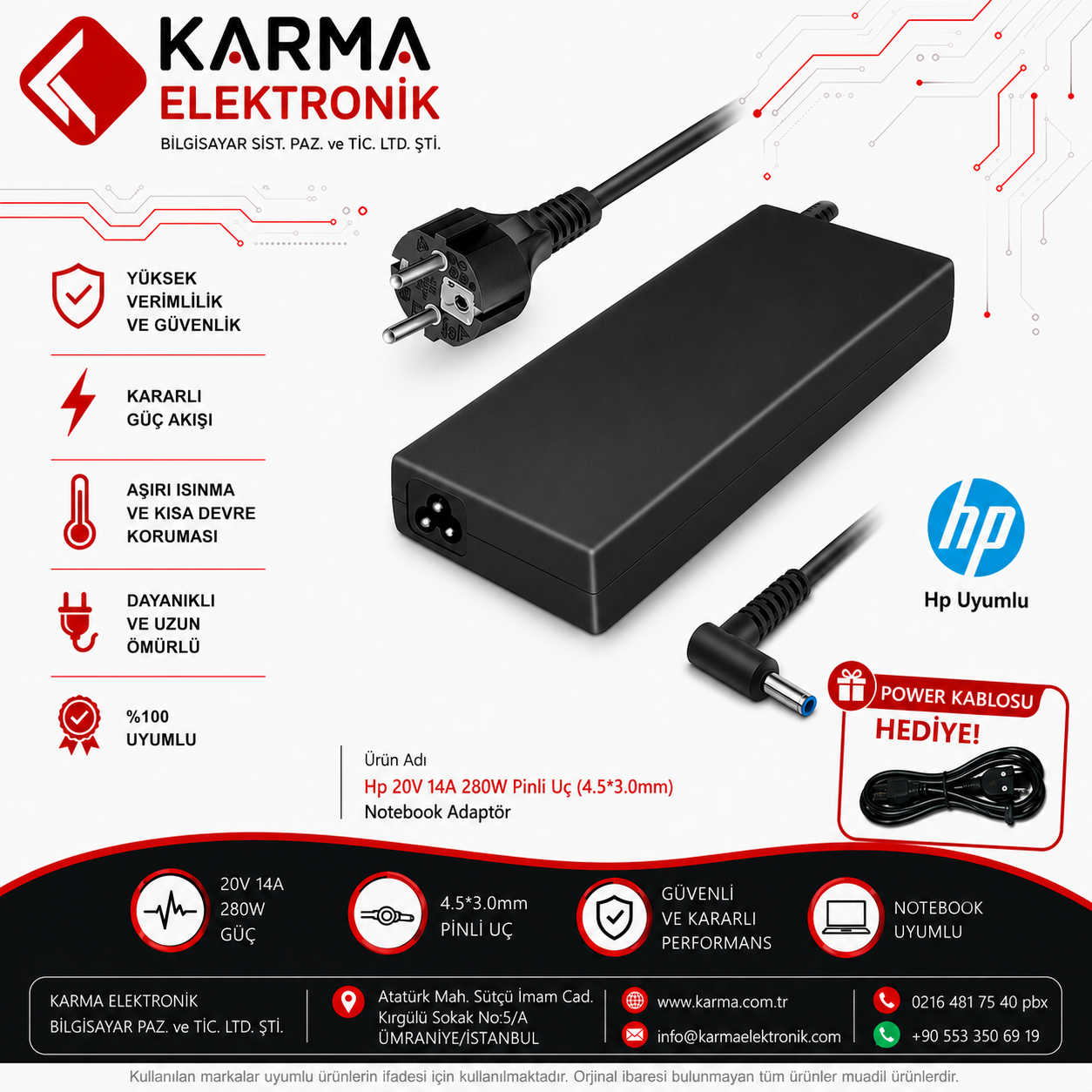 Hp Compaq 20V 14A 280W Pinli Uç (4.5*3.0mm)  Notebook Adaptörü, Şarj Cihazı