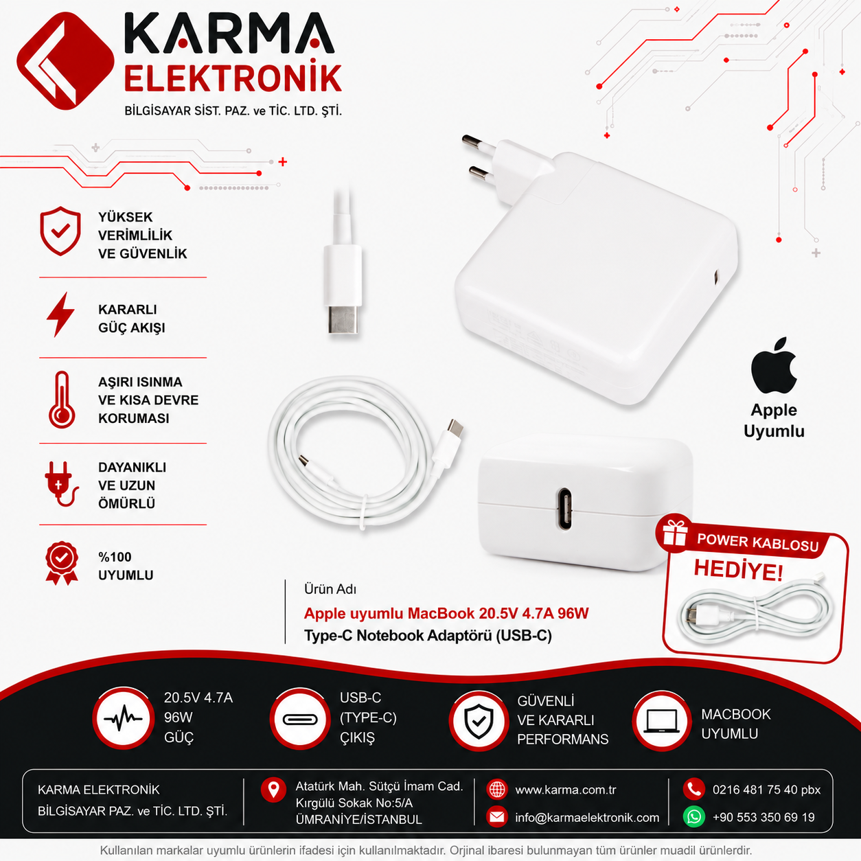 Apple uyumlu MacBook 20.5V 4.7A 96W Type-C Notebook Adaptörü (USB-C) / RNA-AP12