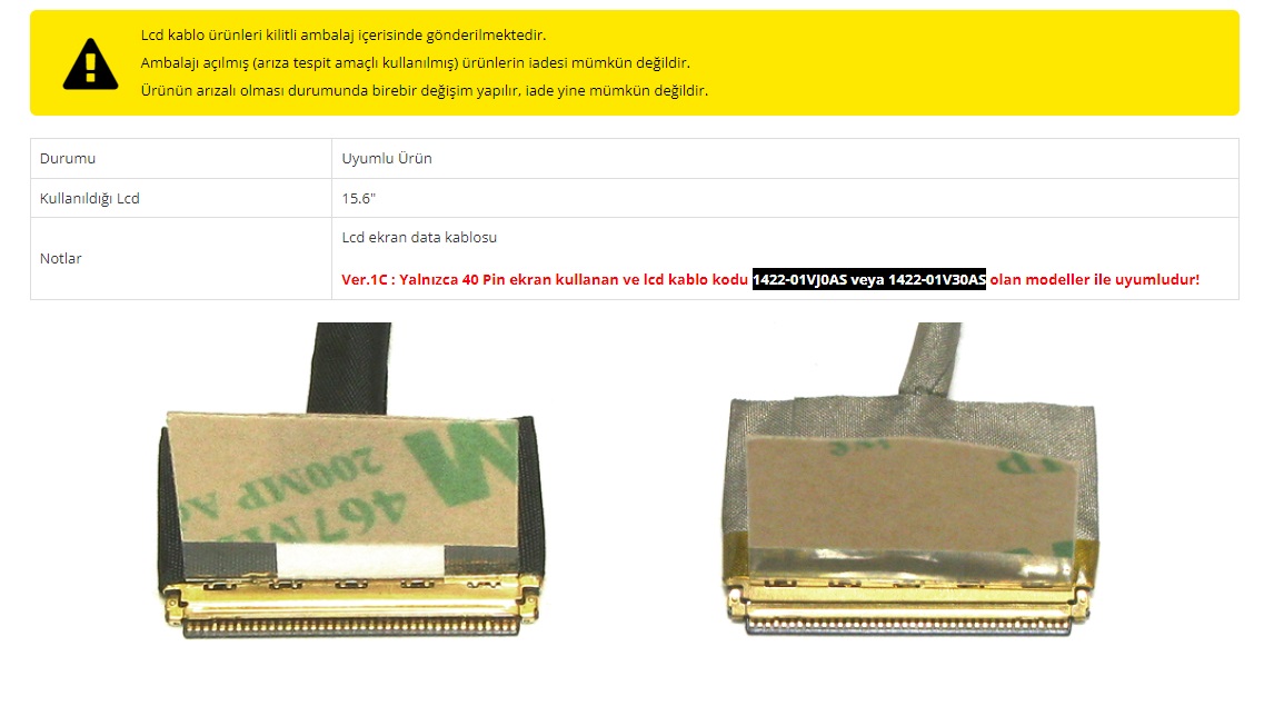Asus X555 F555 K555 Serisi LVDS Cable Notebook Lcd Data Kablosu - 1422-01VJ0AS, 1422-01V30AS / Ver.1C (40pin)