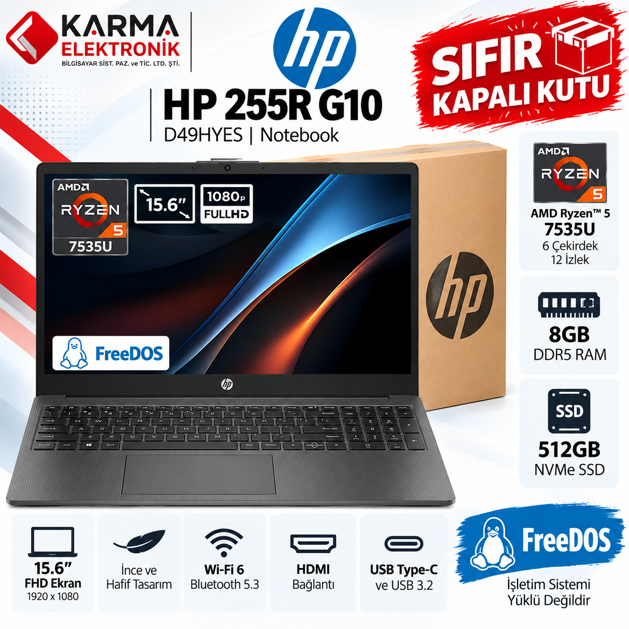 HP 255R G10 Ryzen 5-7535U 15.6 8GB/512GB (D49HYES) Notebook Pc - FreeDos