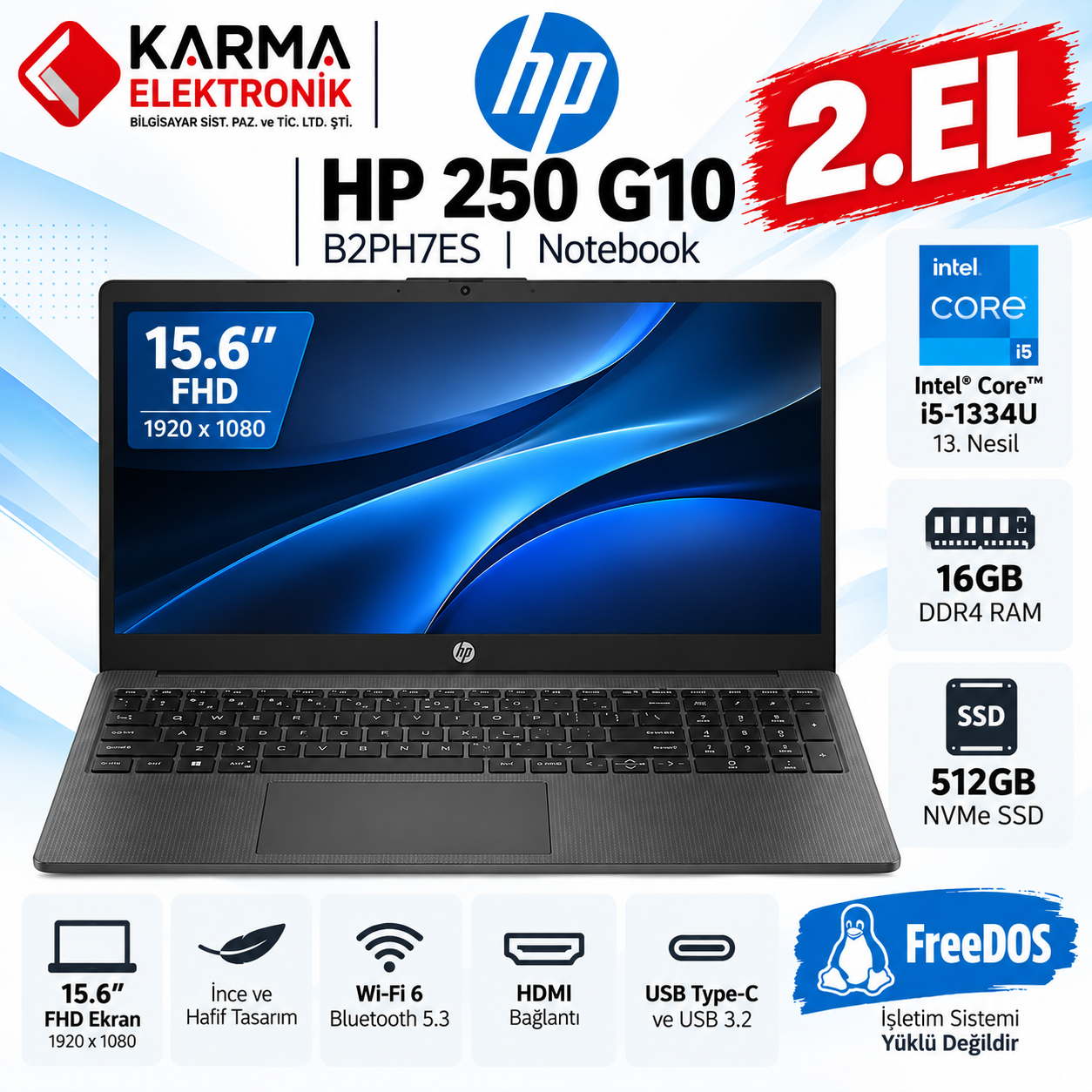 HP 250 G10 B2PH7ES i5-1334U 16GB 512GB SSD 15.6" Notebook & Laptop Pc (2.el)