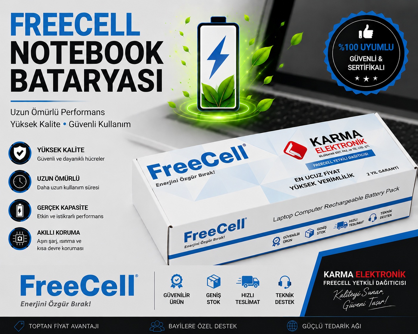 FreeCell - Dell MR90Y 14R 5421,15 3521 Notebook Bataryası, Laptop Pili 4Cell 14.8V - 2200Mah / FC-DL005