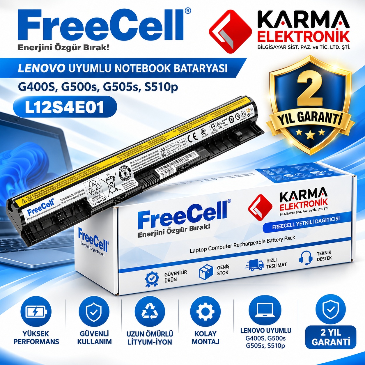 FreeCell - Lenovo G400S, G500s, G505s, S510p Notebook Bataryası, Laptop Pili L12S4E01 / FC-LN001