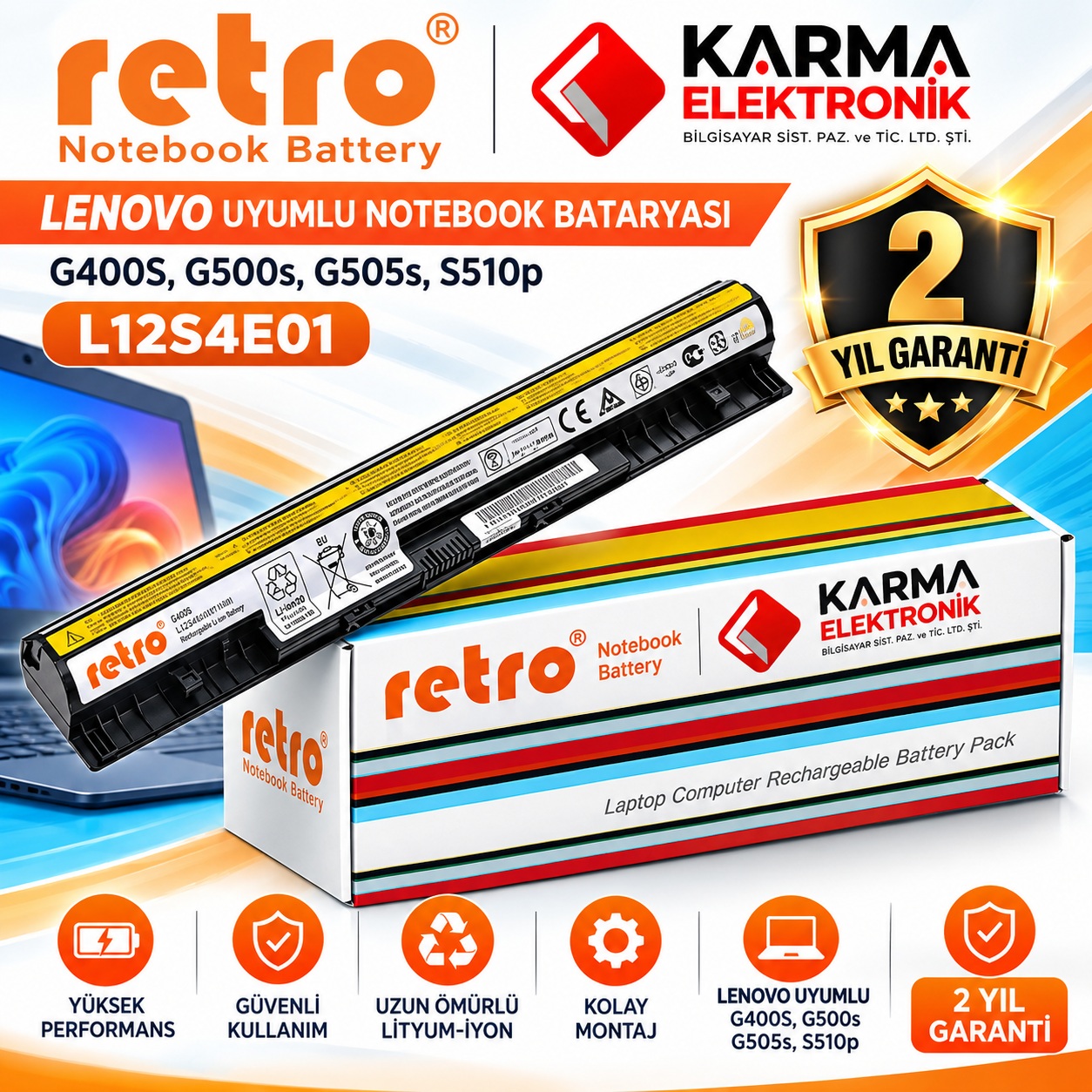 RETRO - Lenovo G400S, G405s, G500s, G505s, S510p Notebook Bataryası, Laptop Pili L12S4E01 / RLL-039