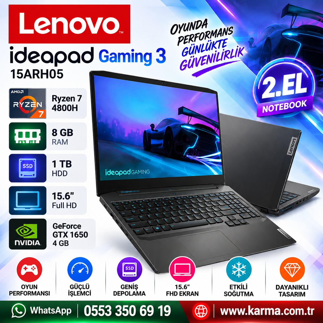 Lenovo ideaPad Gaming 3-15ARH05, Ryzen 7 4800H, 8GB, 1TB GTX1060 4GB GPU 15.6" Notebook Pc - 2.el