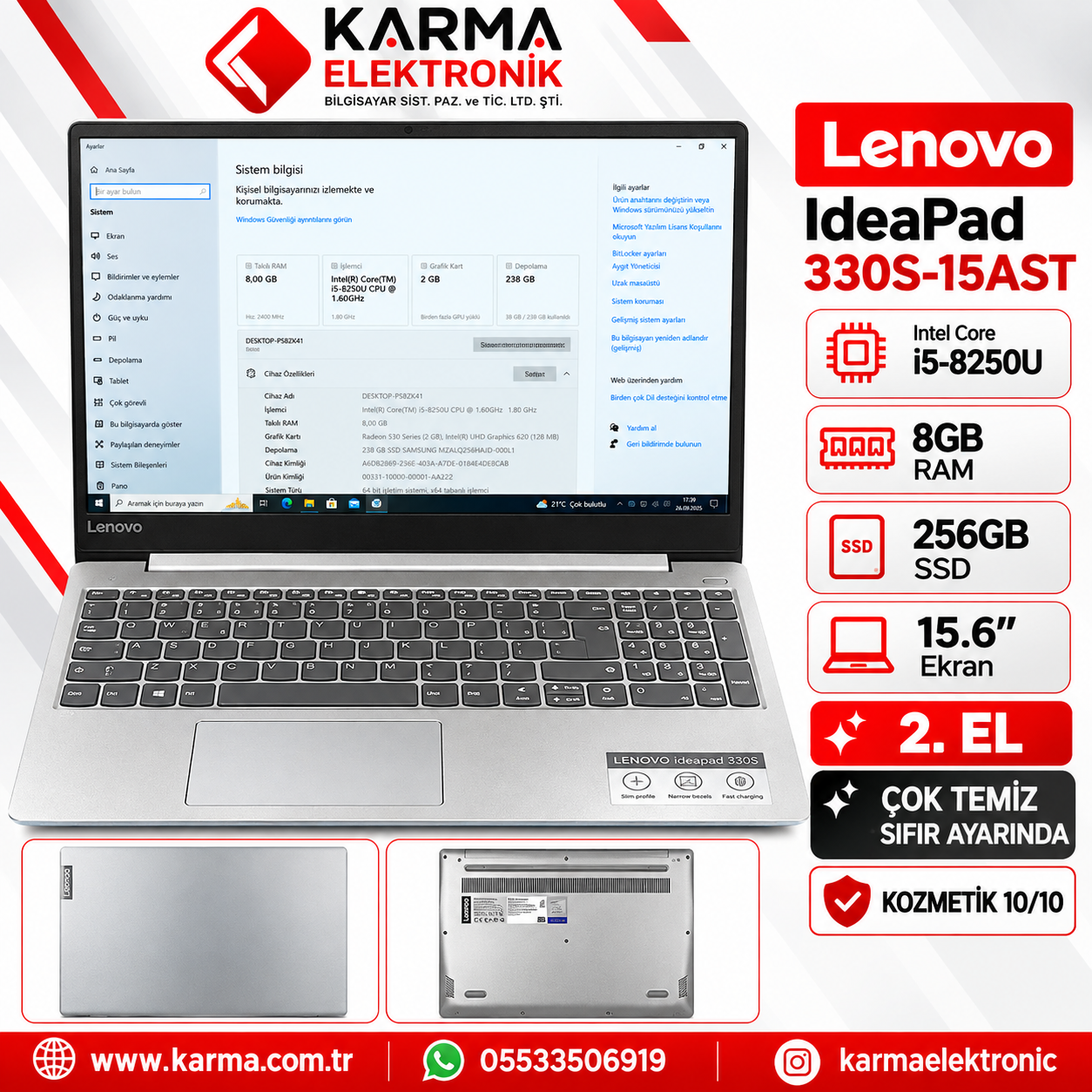 Lenovo ideaPad 330S-15AST (81F9001QTX) İ5-8250U, 8GB, 256GB 15.6" Notebook & Laptop Pc - 2.el