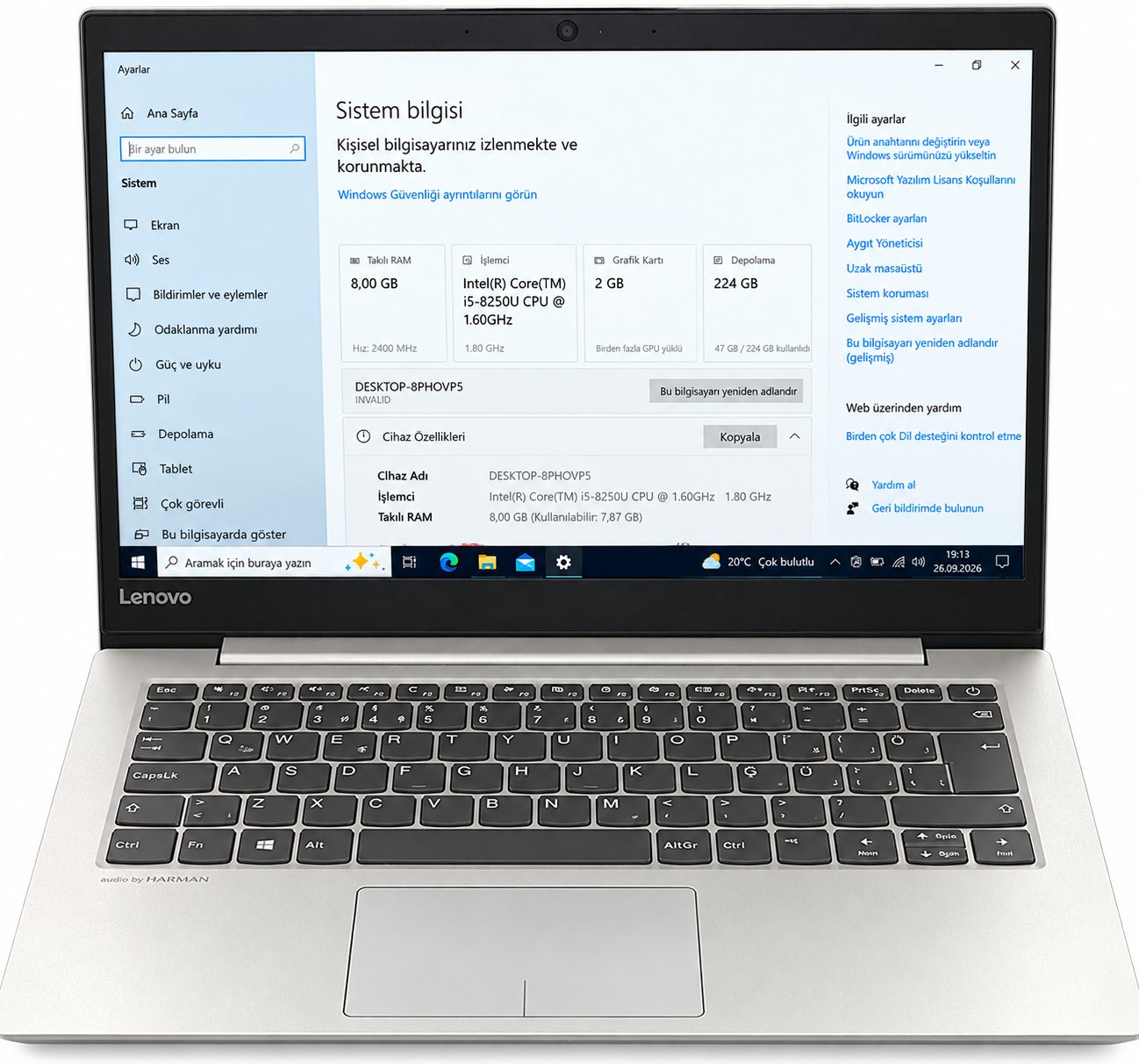 Lenovo ideaPad 520S-14IKB (80X2), i5-8250u, 8GB, 240GB 14" Notebook & Laptop Pc - 2.el