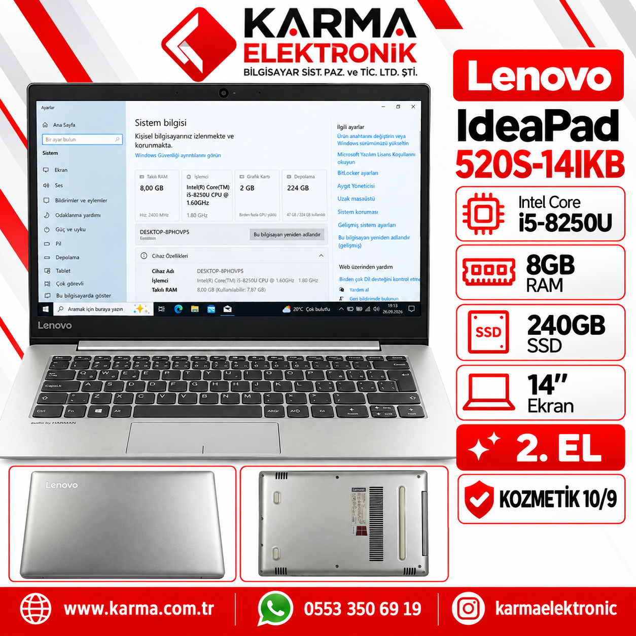Lenovo ideaPad 520S-14IKB (80X2), i5-8250u, 8GB, 240GB 14" Notebook & Laptop Pc - 2.el