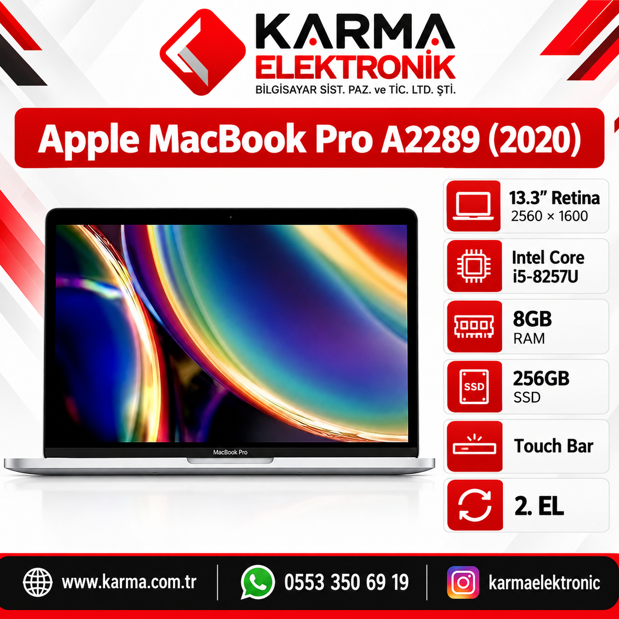 Apple MacBook Pro A2289 (2020) 13.3" Touchbar i5-8257U 8Gb 256Gb Ssd Laptop Pc (2.el)