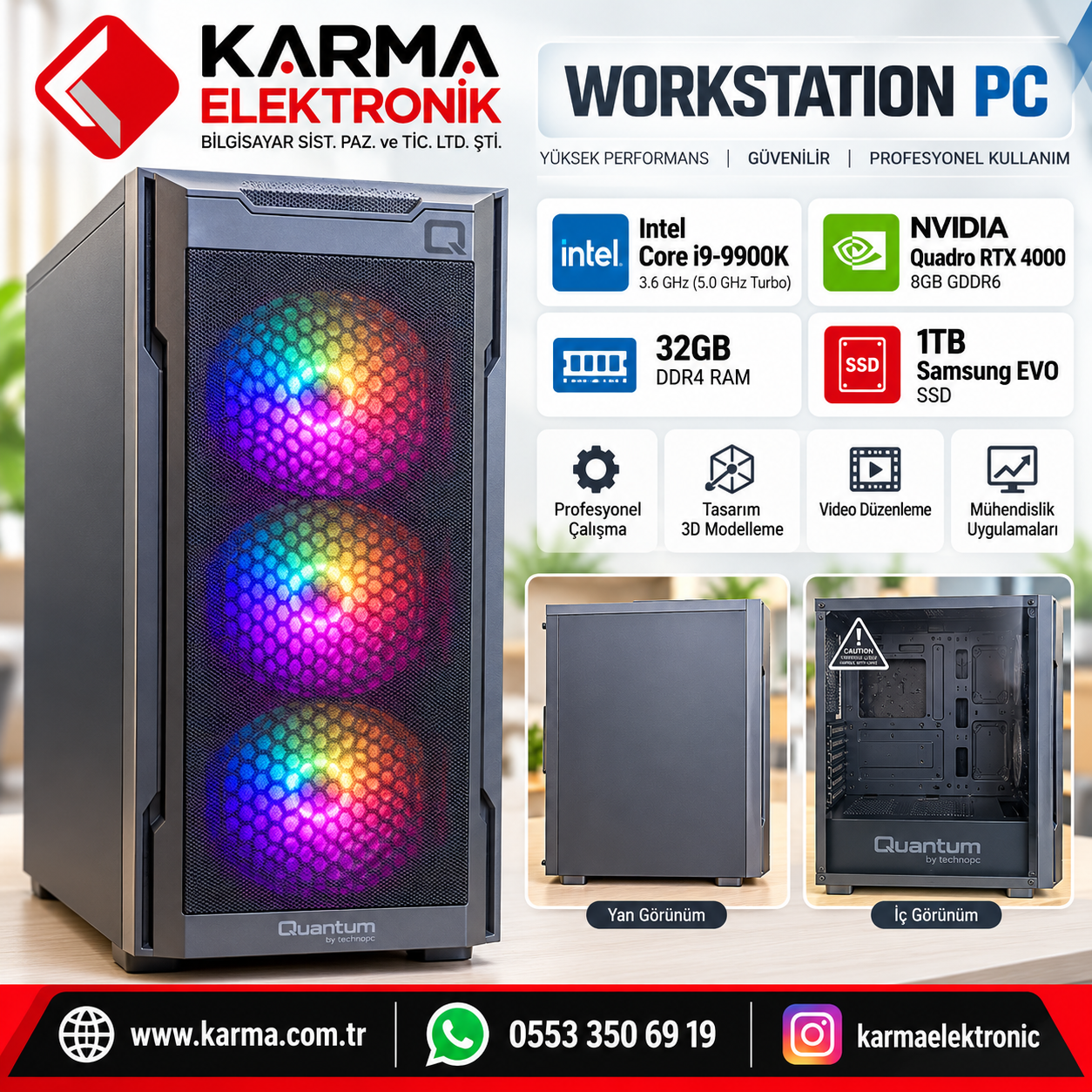 İntel i9-9900K 8GB Quadro RTX 4000, 32GB Ram 1 TB SSD Samsung Evo Workstation Pc (2.el) / Kasa Sıfır
