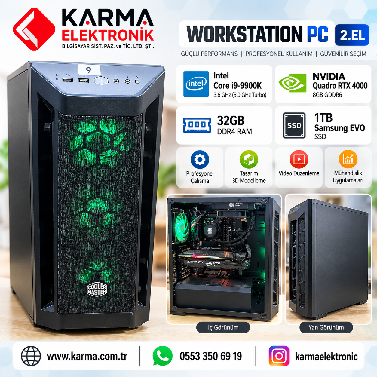 İntel i9-9900K 8GB Quadro RTX 4000, 32GB Ram 1TB SSD Samsung Evo Workstation Pc (2.el)